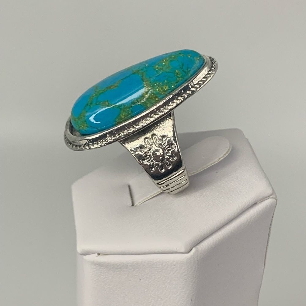 🌞925 Sterling Tibetan Silver Marquis cut Created Turquoise Cabochon Stone Ring - Picture 4 of 16